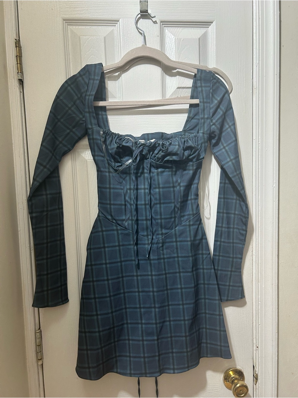 HOUSE OF CB MALIKA Corset Blue Plaid Long-Sleeve Dress